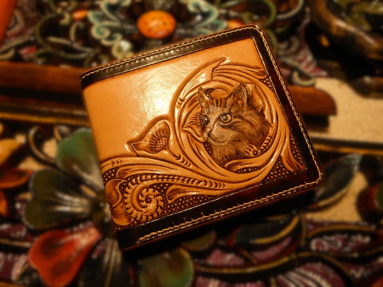 Carved Leather Cat Wallet