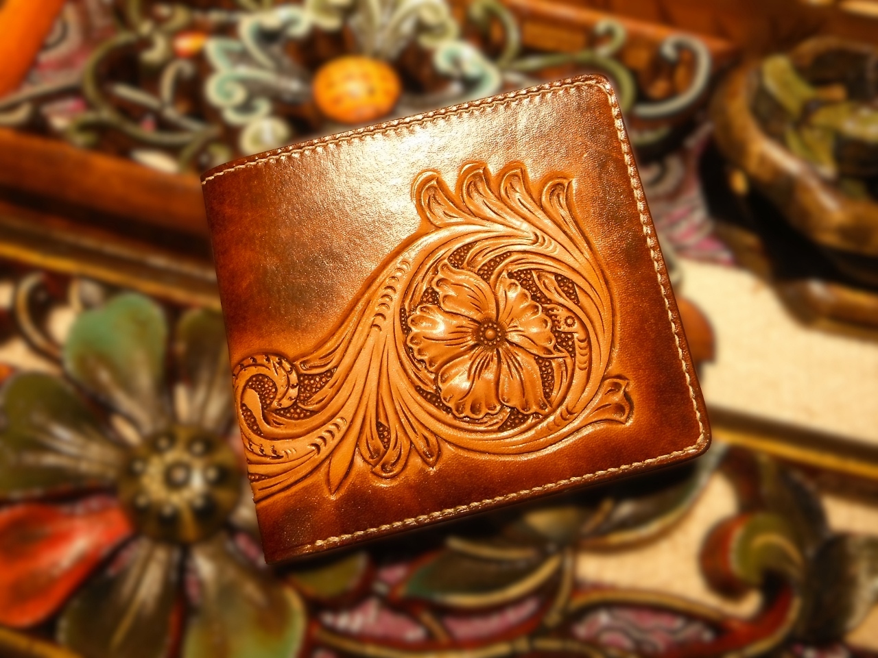 Carved Leather Floral Wallet&nbsp;